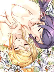 Rule 34 | 10s, 2girls, ajishio, ayase eli, blonde hair, blush, breasts, completely nude, closed eyes, flower, hair ornament, hair scrunchie, holding hands, interlocked fingers, lily (flower), long hair, love live!, love live! school idol project, multiple girls, nude, open mouth, purple hair, scrunchie, smile, tojo nozomi, twintails, yuri