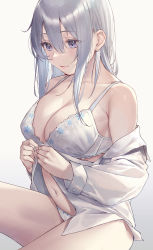 Rule 34 | 1girl, arl, bra, breasts, cleavage, closed mouth, dress shirt, eyes visible through hair, gradient background, hair between eyes, highres, large breasts, long hair, long sleeves, navel, no pants, off shoulder, open clothes, open shirt, original, panties, purple eyes, shirt, silver hair, simple background, sitting, sleeve cuffs, unbuttoned, underwear, white background, white bra, white panties, white shirt