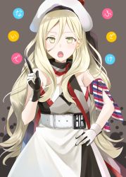 Rule 34 | 1girl, armband, belt, beret, blonde hair, dress, gloves, hat, highres, kantai collection, long hair, mole, mole under eye, multicolored clothes, multicolored gloves, multicolored scarf, open mouth, pom pom (clothes), richelieu (kancolle), scarf, solo, strapless, strapless dress, white dress, yellow eyes, yuna (yukiyuna)