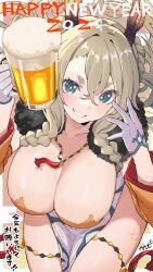 Rule 34 | 1girl, 2024, alcohol, beer, beer mug, braid, breasts, brown horns, cleavage, collarbone, commentary request, cup, dragon girl, dragon horns, gloves, green eyes, hair between eyes, happy new year, haruken, highres, holding, holding cup, horns, large breasts, looking at viewer, mug, new year, original, smile, solo, thighs, twin braids, white gloves