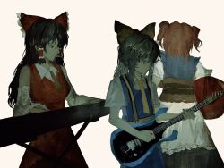 Rule 34 | 3girls, absurdres, acoustic guitar, black eyes, black hair, blue skirt, blue vest, bow, closed eyes, closed mouth, collared shirt, commentary, cookie (touhou), cowboy shot, daiyousei, detached sleeves, diyusi (cookie), electric guitar, expressionless, flat chest, frilled bow, frilled hair tubes, frills, guitar, hair bow, hair tubes, hakurei reimu, high-visibility vest, highres, holding, holding guitar, holding instrument, instrument, keyboard (instrument), long hair, messy hair, multiple girls, music, necktie, noel (cookie), onozuka komachi, playing instrument, red bow, red hair, red shirt, shirt, shishou (cookie), short sleeves, simple background, skirt, sleeveless, sleeveless shirt, smile, touhou, two side up, vest, white background, white sleeves, xbsx, yellow bow, yellow necktie
