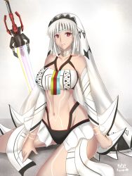 Rule 34 | 1girl, altera (fate), artist name, bare shoulders, bodypaint, breasts, choker, collarbone, dark skin, dark-skinned female, detached sleeves, fate/grand order, fate (series), groin, highres, large breasts, looking at viewer, midriff, navel, nuypiya hehasuk, photon ray (fate), red eyes, short hair, sitting, solo, sword, veil, weapon, white hair