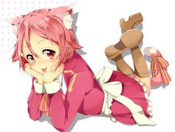 Rule 34 | 10s, 1girl, absurdres, animal ears, apron, blush, boots, bow, cat ears, cat tail, dress, fang, freckles, highres, kemonomimi mode, lisbeth (sao), looking at viewer, lying, moripomera, on stomach, pink eyes, pink hair, ribbon, short hair, solo, sword art online, tail, tongue, tongue out