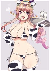 Rule 34 | 1girl, animal print, bikini, bottle, breasts, cleavage, cow print, grey background, grimms notes, hair ornament, highres, jewelry, large breasts, long hair, looking at viewer, midriff, milk bottle, navel, open mouth, paid reward available, pink hair, ponytail, purple eyes, paid reward available, shadow morgiana, simple background, smile, solo, swimsuit, utani (punishment)