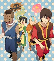 Rule 34 | 1girl, 3boys, aang, avatar: the last airbender, avatar legends, bald, barefoot, black hair, blue background, blue gloves, blue shirt, boots, brown footwear, brown hair, closed eyes, fingerless gloves, gloves, multiple boys, one eye closed, open mouth, pants, polka dot, polka dot background, scar, scar on face, shadow, shirt, short hair, skull, sleeveless, smell, smile, sokka, standing, t k g, toes, tongue, tongue out, toph bei fong, yellow eyes, yellow pants, yellow shirt, zuko