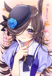 Rule 34 | 1girl, absurdres, animal ears, black bow, black hair, black hat, blouse, blue flower, blue rose, blue shirt, blush, bow, closed mouth, commentary request, flower, hair over one eye, hand up, haruki (colorful macaron), hat, hat flower, heart, highres, horse ears, long hair, looking at viewer, puffy short sleeves, puffy sleeves, purple eyes, purple shirt, rice shower (umamusume), rose, school uniform, shirt, short sleeves, smile, solo, tilted headwear, tracen school uniform, translation request, twitter username, umamusume, very long hair