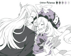 Rule 34 | 1boy, 1girl, black jacket, blazer, bow, closed eyes, eiku, elbow gloves, fate/grand order, fate (series), gloves, hat, hat bow, jacket, long hair, looking at another, marie antoinette (fate), monochrome, open mouth, purple headwear, shirt, sleeveless, sleeveless shirt, smile, white hair, wolfgang amadeus mozart (fate)