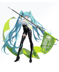 Rule 34 | 1girl, absurdres, aqua eyes, aqua hair, asymmetrical legwear, black bodysuit, black gloves, bodysuit, boots, breasts, closed mouth, cropped jacket, flag, full body, gloves, goodsmile racing, hair ornament, hatsune miku, headphones, high collar, highres, holding, holding flag, jacket, long hair, long sleeves, looking at viewer, medium breasts, puffy long sleeves, puffy sleeves, racing miku, racing miku (2022), simple background, single thigh boot, smile, solo, standing, thigh boots, twintails, very long hair, vocaloid, white background, white jacket, yazawa yuki