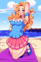 Rule 34 | 1girl, 5-ish, anklet, arms behind head, bare shoulders, beach, blonde hair, blue eyes, blue shirt, cloud, collarbone, day, haley (stardew valley), highres, jewelry, long hair, necklace, orange hair, outdoors, pier, shirt, skirt, sky, smile, solo, stardew valley