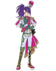 Rule 34 | 1girl, boots, closed mouth, commentary request, epaulettes, full body, gold trim, hand on own hip, hat, hat feather, high heels, highres, jacket, knee boots, long hair, long sleeves, looking at viewer, pants, pretty series, pripara, purple hair, rituyama1, sash, shoulder sash, side ponytail, signature, simple background, smile, solo, standing, toudou shion, white background, white jacket, white pants, yellow eyes