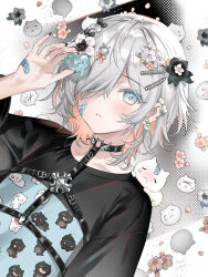 1girl bandaid black_cat black_nails black_t-shirt blue_eyes blush cat chibi choker colored_eyelashes earrings flower grey_hair hair_ornament hair_over_one_eye heart highres jewelry melting midori_foo multicolored_hair nail_polish orange_hair original print_shirt shirt short_hair t-shirt teardrop thick_eyelashes transparent watermark white_cat