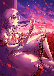 Rule 34 | 1girl, alcohol, ascot, bad id, bad pixiv id, blood, cloud, cup, dress, drinking glass, female focus, flower, hat, leclle, pink dress, profile, puffy short sleeves, puffy sleeves, purple hair, red eyes, remilia scarlet, rose, short sleeves, sitting, sky, smile, solo, touhou, twilight, window, wine, wine glass, wrist cuffs