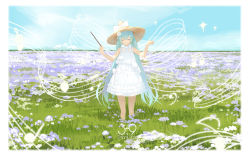 Rule 34 | 1girl, bare arms, bare shoulders, bass clef, conductor baton, beamed sixteenth notes, blue hair, blue sky, bow, brown hat, closed eyes, closed mouth, cloud, day, dress, eighth note, facing viewer, field, flower, flower field, frilled dress, frills, grass, hair flower, hair ornament, hands up, hat, hat bow, hatsune miku, highres, holding, holding wand, horizon, linfi-muu, long hair, meadow, music, musical note, nature, outdoors, purple flower, rose, sky, sleeveless, sleeveless dress, smile, solo, sparkle, staff (music), standing, straw hat, sun hat, sundress, thank you, treble clef, twintails, very long hair, vocaloid, wand, white bow, white dress, white flower, white rose, wide shot, witch hat