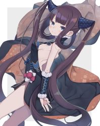 Rule 34 | 1girl, bare shoulders, black dress, blue eyes, blunt bangs, blush, border, breasts, china dress, chinese clothes, cleavage, closed mouth, detached sleeves, dress, fate/grand order, fate (series), floral print, grey background, hair ornament, highres, long hair, looking at viewer, medium breasts, smile, solo, thighs, totatokeke, twintails, very long hair, white border, yang guifei (fate), yang guifei (second ascension) (fate)