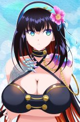 Rule 34 | 1girl, artist request, bad id, bad pixiv id, bare shoulders, bikini, bikini top only, black bikini, black hair, blue eyes, breast hold, breasts, choker, collarbone, criss-cross halter, flower, gauntlets, hair flower, hair ornament, hair ribbon, hairband, halterneck, hand on own chest, large breasts, long hair, looking to the side, multicolored hair, phantom of the kill, red hair, ribbon, single gauntlet, solo, swimsuit, two-tone hair