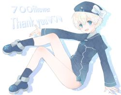 Rule 34 | 1girl, blue dress, blue eyes, blue footwear, blue sailor collar, blue socks, blush, bow, commentary request, dress, full body, hair between eyes, hat, hat bow, heart, kantai collection, karin bluez3, long sleeves, looking at viewer, milestone celebration, open mouth, outline, sailor collar, sailor dress, short hair, silver hair, simple background, socks, solo, typo, white background, z1 leberecht maass (kancolle)