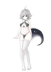 Rule 34 | 1girl, absurdres, ahoge, arknights, breasts, brown eyes, clothing request, crocodilian tail, full body, fundoshi, grey hair, groin, highres, japanese clothes, kaojhinrei, large breasts, looking at viewer, navel, pelvic curtain, pointy ears, short hair, simple background, solo, standing, tail, tail ornament, tail ring, thighhighs, thighs, tomimi (arknights), underboob, white background, white thighhighs