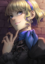 Rule 34 | 1girl, black dress, blonde hair, brick wall, constance von nuvelle, dress, earrings, finger to own chin, fire emblem, fire emblem: three houses, hairband, streaked hair, highres, jewelry, kazuko (towa), looking to the side, multicolored hair, neck ribbon, nintendo, purple eyes, ribbon, sidelocks, smile