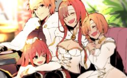 Rule 34 | 1boy, 3girls, blue eyes, boudica (fate), boudica (third ascension) (fate), breasts, cape, carimarica, cleavage, closed eyes, closed mouth, collar, earrings, fate/grand order, fate (series), fur trim, hair between eyes, hand on another&#039;s head, jacket, jewelry, large breasts, long sleeves, looking at another, multiple girls, o-ring, o-ring top, open mouth, red hair, shrug (clothing), sitting, smile