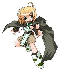 Rule 34 | 00s, 1boy, :d, antenna hair, belt, black cape, black gloves, black socks, blonde hair, boots, brown shorts, cape, fingerless gloves, full body, gloves, green eyes, hair between eyes, kei (fortune), looking at viewer, lyrical nanoha, mahou shoujo lyrical nanoha, male focus, open mouth, pouch, shorts, simple background, smile, socks, solo, white background, yuuno scrya