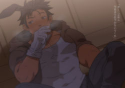 Rule 34 | 1boy, animal ears, bad id, bad pixiv id, bara, blush, covered abs, covered navel, denim, fake animal ears, feet out of frame, gloves, grey eyes, hood, hoodie, jeans, male focus, muscular, open clothes, open hoodie, original, pants, pectorals, sagami jon, short hair, solo, tank top, translation request, white gloves, white tank top