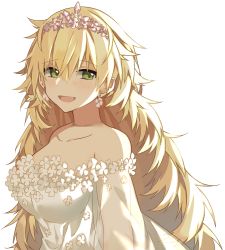 Rule 34 | alternate costume, aogisa, bad id, bad pixiv id, blonde hair, colorized, dress, ear piercing, fluffy, girls&#039; frontline, green eyes, hair ornament, highres, long hair, open mouth, piercing, s.a.t.8 (girls&#039; frontline), simple background, solo, very long hair, wedding dress