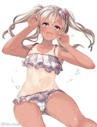 Rule 34 | 1girl, alternate hairstyle, bad id, bad twitter id, bikini, blonde hair, blue eyes, commentary request, cosplay, cowboy shot, curled fingers, frilled bikini, frills, gluteal fold, juurouta, kantai collection, libeccio (kancolle), libeccio (kancolle) (cosplay), long hair, looking at viewer, one-hour drawing challenge, one-piece tan, open mouth, ro-500 (kancolle), simple background, solo, swimsuit, tan, tanline, twintails, white background