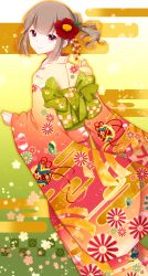 Rule 34 | 1boy, akaimo satsuma, bad id, bad pixiv id, bow, brown hair, egasumi, floral print, flower, from behind, goma (11zihisin), hair flower, hair ornament, highres, japanese clothes, kimono, looking back, male focus, new year, obi, original, patterned, ponytail, purple eyes, red eyes, sash, shippou (pattern), short hair, smile, solo, trap, wide sleeves