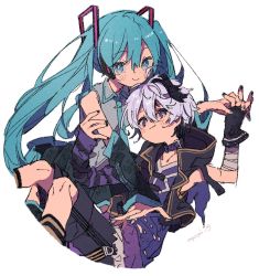 Rule 34 | 2girls, aqua eyes, aqua hair, aqua nails, aqua necktie, bare shoulders, belt collar, black skirt, black sleeves, collar, commentary, detached sleeves, feet out of frame, flower (vocaloid), flower (vocaloid4), grey shirt, hair ornament, hand on another&#039;s arm, hatsune miku, hazime, headphones, holding hands, interlocked fingers, jacket, leaning forward, long hair, looking at viewer, miniskirt, multicolored hair, multiple girls, nail polish, necktie, pleated skirt, purple eyes, purple hair, purple jacket, purple nails, purple shirt, purple shorts, purple skirt, shirt, shorts, sitting, skirt, sleeveless, sleeveless jacket, sleeveless shirt, smile, streaked hair, torn clothes, torn skirt, twintails, twitter username, very long hair, vocaloid