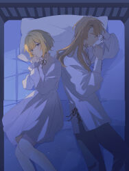 Rule 34 | 1boy, 1girl, absurdres, bed, black footwear, blonde hair, ceres (shuuen no virche), closed eyes, closed mouth, commentary request, dress, eyepatch, facing to the side, grey eyes, highres, leggings, light brown hair, long sleeves, lying, on side, pillow, shuuen no virche, smile, w047, white dress, white leggings, yves (shuuen no virche)