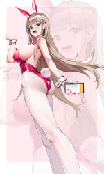 Rule 34 | 1girl, absurdres, animal ears, ass, bare shoulders, blonde hair, blush, bow, bowtie, breasts, cellphone, detached collar, fake animal ears, fake tail, feet out of frame, gaosu gong lu, goddess of victory: nikke, high heels, highres, horns, incredibly absurdres, large breasts, legs, leotard, long hair, looking at viewer, looking back, nail polish, open mouth, pantyhose, phone, pink eyes, pink horns, pink leotard, playboy bunny, rabbit ears, rabbit tail, sideboob, smile, solo, tail, thighs, viper (nikke), viper (toxic rabbit) (nikke), white pantyhose, wrist cuffs