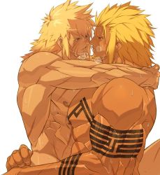 Rule 34 | 2boys, abs, bara, blonde hair, blush, completely nude, highres, imminent anal, imminent penetration, large pectorals, male focus, multiple boys, muscular, nikism, nipples, nude, pectorals, pectorals, steam, sweat, tattoo, yaoi