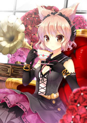 Rule 34 | 1girl, album cover, alternate costume, belt, black dress, black gloves, blonde hair, bracelet, breasts, brown eyes, chair, cleavage, cover, cup, dress, earmuffs, elbow gloves, flower, gloves, hairband, headphones, jewelry, kurot, lolita hairband, phonograph, red rose, rose, sitting, sleeveless, sleeveless dress, smile, solo, teacup, touhou, toyosatomimi no miko