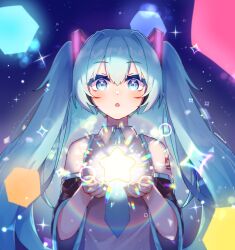 Rule 34 | 1girl, :o, absurdres, aqua eyes, aqua hair, aqua necktie, bare shoulders, collared shirt, commentary, detached sleeves, facing viewer, glowing, grey shirt, hands up, hatsune miku, highres, lens flare, long hair, looking at object, miracle (waaaracle), necktie, number tattoo, open mouth, shirt, sleeveless, sleeveless shirt, solo, star (symbol), straight-on, tattoo, twintails, twitter username, upper body, vocaloid