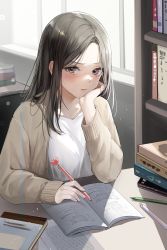 Rule 34 | 1girl, absurdres, black hair, blush, book, book stack, bookshelf, brown eyes, closed mouth, desk, highres, holding, holding pen, indoors, lillly, long sleeves, on chair, open book, original, parted bangs, pen, shirt, sitting, solo, white shirt, writing
