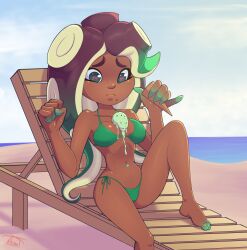 Rule 34 | 1girl, artist name, bare shoulders, barefoot, beach, beach chair, bikini, blue sky, breasts, cephalopod eyes, clenched hand, closed mouth, cloud, collarbone, dark-skinned female, dark skin, day, dripping, feet, female focus, food on body, food on breasts, gradient hair, green bikini, green eyes, green hair, hands up, highres, holding, holding ice cream cone, horizon, ice cream cone, knee up, legs, long hair, looking down, marina (splatoon), medium breasts, mint chocolate, mole, mole under mouth, multicolored hair, navel, nintendo, ocean, octoling, outdoors, pink pupils, pinky out, purple hair, raised eyebrows, shiny skin, side-tie bikini bottom, sidelocks, signature, sky, solo, spill, splatoon (series), splatoon 2, stomach, string bikini, suction cups, swimsuit, tentacle hair, tentacles, thighs, throat (artist), two-tone hair
