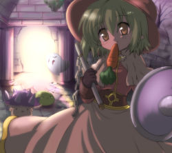 Rule 34 | 1girl, :3, :t, acolyte (ragnarok online), bad id, bad pixiv id, blush, brown eyes, brown headwear, brown shirt, capelet, carrot, chain, closed mouth, commentary request, cowboy shot, creature, food in mouth, ghost, green hair, hair between eyes, hat, hizukiryou, holding, holding shield, holding weapon, indoors, looking at viewer, mace, open mouth, pointy ears, poison spore, poporing, ragnarok online, ruins, shield, shirt, short hair, skirt, slime (creature), weapon, whisper (ragnarok online), white capelet, white skirt