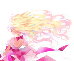 Rule 34 | 1girl, back, backless dress, backless outfit, blonde hair, bow, choker, cure flora, dress, earrings, edoya pochi, gloves, go! princess precure, gradient hair, haruno haruka, jewelry, long hair, magical girl, multicolored hair, pink bow, pink hair, precure, shoulder blades, skirt, solo, two-tone hair, white gloves, wind