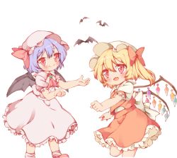 Rule 34 | 2girls, ankle socks, arms up, ascot, bat (animal), bat wings, blonde hair, blue hair, blush, brooch, commentary, cycloneyukari, fang, feet out of frame, flandre scarlet, hat, hat ribbon, jewelry, looking at viewer, mob cap, multiple girls, one side up, open mouth, pink footwear, pink headwear, pink shirt, pink skirt, puffy short sleeves, puffy sleeves, red ascot, red eyes, red skirt, red vest, remilia scarlet, ribbon, shirt, short hair, short sleeves, siblings, simple background, sisters, skirt, smile, socks, standing, standing on one leg, touhou, vest, white background, white legwear, white shirt, wings, yellow ascot