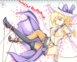 Rule 34 | 1girl, alternate costume, asymmetrical footwear, asymmetrical legwear, bangle, black footwear, black thighhighs, blonde hair, boots, bow, bracelet, breasts, character name, collar, colored pencil (medium), covered erect nipples, elbow gloves, from side, garter belt, garter straps, gloves, hat, hat bow, hat ribbon, high heel boots, high heels, ichirino minagi, jewelry, large breasts, long hair, mismatched footwear, o-ring, pink eyes, purple skirt, revealing clothes, ribbon, see-through, see-through legwear, shoes, showgirl skirt, sideboob, single boot, single shoe, sitting, skirt, slingshot swimsuit, solo, stiletto heels, swimsuit, thigh boots, thighhighs, touhou, touhou (pc-98), traditional media, underboob, uneven eyes, uneven legwear, watatsuki no toyohime, white gloves, white hat