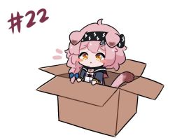 Rule 34 | 1girl, :&lt;, ^^^, ahoge, animal ears, arknights, black hairband, black jacket, blush stickers, box, braid, cardboard box, cat ears, cat girl, cat tail, chibi, closed mouth, goldenglow (arknights), hairband, in box, in container, jacket, kurotofu, lightning bolt print, long hair, long sleeves, mini person, minigirl, notice lines, open clothes, open jacket, side braid, solo, tail, yellow eyes