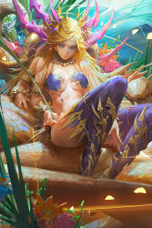 Rule 34 | 1girl, armlet, blonde hair, blue eyes, bracelet, commentary request, extra arms, facial mark, fantasy, forehead mark, gold, gold trim, jewelry, kali (p&amp;d), long hair, looking at viewer, puzzle &amp; dragons, revealing clothes, sitting, solo, thighhighs, youshun (naturaljuice)