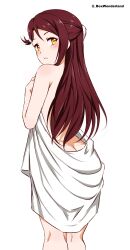 Rule 34 | 1girl, absurdres, aida rikako, ass, blush, box wonderland, butt crack, commentary, english commentary, from behind, hair ornament, half updo, highres, long hair, looking at viewer, looking back, love live!, love live! sunshine!!, red hair, sakurauchi riko, solo, towel, voice actor connection, white background, yellow eyes