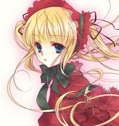 Rule 34 | 00s, 1girl, blonde hair, blue eyes, bonnet, bow, dress, female focus, frills, gradient background, hairband, long hair, rozen maiden, shinku, simple background, solo, twintails, white background, yuh