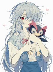 Rule 34 | 1girl, alternate hair length, alternate hairstyle, ayanami rei, blue hair, blue skirt, closed mouth, commentary request, deep (deep4946), evangelion: 3.0+1.0 thrice upon a time, hair over one eye, heart, highres, holding, holding stuffed toy, long hair, looking at viewer, neck ribbon, neon genesis evangelion, penpen, rebuild of evangelion, red eyes, red ribbon, ribbon, school uniform, shirt, short sleeves, simple background, skirt, solo, stuffed animal, stuffed penguin, stuffed toy, suspender skirt, suspenders, tokyo-3 middle school uniform, upper body, white background, white shirt