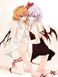 Rule 34 | 2girls, anklet, ass, babydoll, bad id, bad pixiv id, barefoot, bat wings, blonde hair, bottomless, camisole, fang, female focus, flandre scarlet, holding hands, jewelry, kneeling, leg ribbon, multiple girls, naughty face, navel, nightgown, panties, red eyes, remilia scarlet, ribbon, short hair, siblings, sisters, takaharu, thigh ribbon, touhou, underwear, white hair, white panties, wings