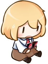 Rule 34 | blonde hair, bob cut, brown skirt, card, chibi, chibi only, commentary, english commentary, holding, holding card, hololive, hololive english, long sleeves, moon ldl, necktie, red necktie, shirt, short hair, simple background, skirt, smol ame, sweatdrop, uno (game), virtual youtuber, watson amelia, watson amelia (1st costume), white background, white shirt, yu-gi-oh!, | |