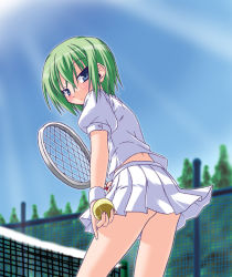 Rule 34 | 00s, akari ryuryuwa, ball, blue eyes, blush, green hair, iwasaki minami, lucky star, pinky out, racket, short hair, skirt, solo, tennis, tennis ball, tennis racket