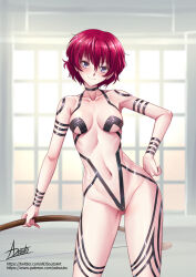 Rule 34 | 1girl, adsouto, akatsuki no yona, black tape project, bow (weapon), breasts, collarbone, contrapposto, hand on own hip, highres, holding, holding bow (weapon), holding weapon, indoors, looking at viewer, medium breasts, purple eyes, red hair, revealing clothes, shiny skin, short hair, signature, smile, solo, tape, weapon, yona (akatsuki no yona)