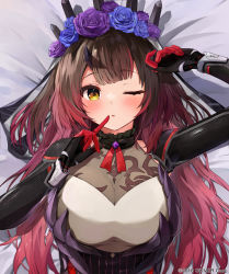 Rule 34 | 1girl, ;o, arm up, bed sheet, black gloves, blue flower, blue rose, breasts, brown hair, commentary request, copyright notice, dakimakura (medium), flower, gloves, gradient hair, hair flower, hair ornament, highres, hololive, large breasts, long hair, long sleeves, looking at viewer, lying, multicolored hair, official art, on back, one eye closed, parted lips, purple flower, purple rose, racchi., red hair, roboco-san, roboco-san (dark bride), rose, solo, upper body, virtual youtuber, watermark, yellow eyes